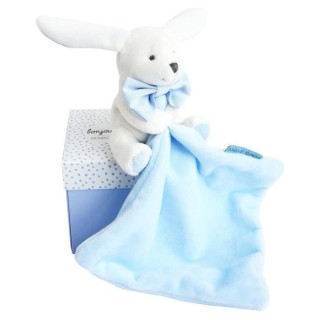 DOUDOU ET COMPAGNIE Lapin Mouchoir - Doudou Bleu Boîte Fleur