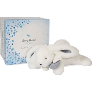 Doudou et Compagnie - Peluche Lapin -25 cm - Lapin Pompon Blanc/Bleu -