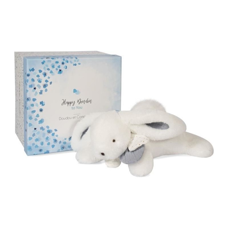 Doudou et Compagnie - Peluche Lapin -25 cm - Lapin Pompon Blanc/Bleu -  Jolie Boîte Cadeau - Happy Glossy - Happy Doudou To You