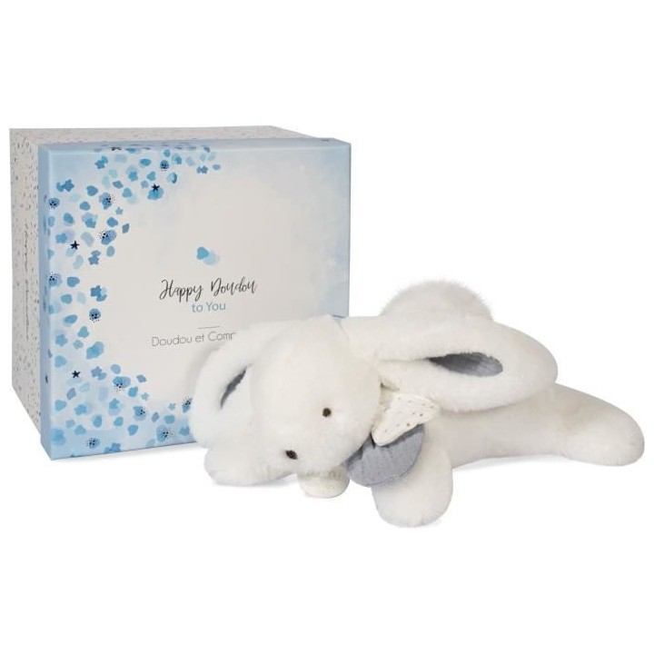 Doudou et Compagnie - Peluche Lapin -25 cm - Lapin Pompon Blanc/Bleu -