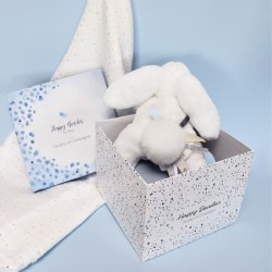 Doudou et Compagnie - Peluche Lapin -25 cm - Lapin Pompon Blanc/Bleu -  Jolie Boîte Cadeau - Happy Glossy - Happy Doudou To You