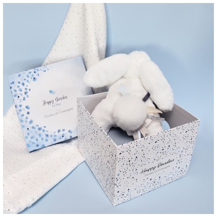 Doudou et Compagnie - Peluche Lapin -25 cm - Lapin Pompon Blanc/Bleu -
