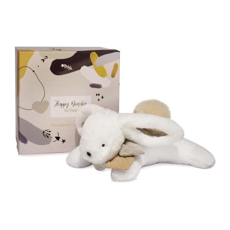 Doudou et Compagnie - Peluche Lapin -25 cm - Blanc/Sable - Lapin Pompon Naturel - Boîte Cadeau - Happy Wild - Happy Doudou To Y