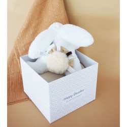 Doudou et Compagnie - Peluche Lapin -25 cm - Blanc/Sable - Lapin Pompon Naturel - Boîte Cadeau - Happy Wild - Happy Doudou To Y