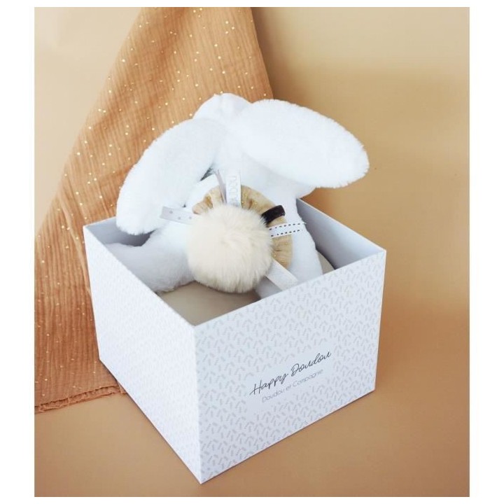 Doudou et Compagnie - Peluche Lapin -25 cm - Blanc/Sable - Lapin Pompo
