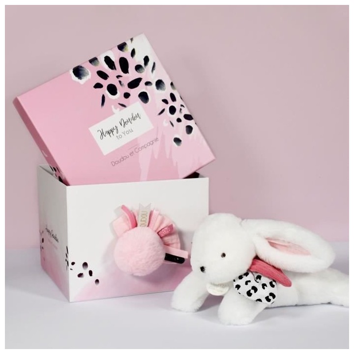 Doudou et Compagnie - Peluche Lapin - 25 cm - Lapin Pompon Blanc/Rose