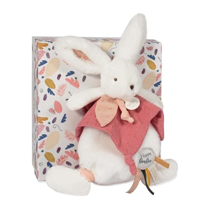 Doudou et Compagnie - Doudou Lapin - 25 cm - Lapin Pompom Blanc/Terracotta - Idée Cadeau - Happy Boho - Happy Doudou To You