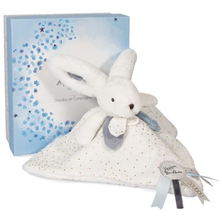 Doudou et Compagnie - Doudou Lapin - 25 cm - Blanc/Bleu - Lapin Pompon