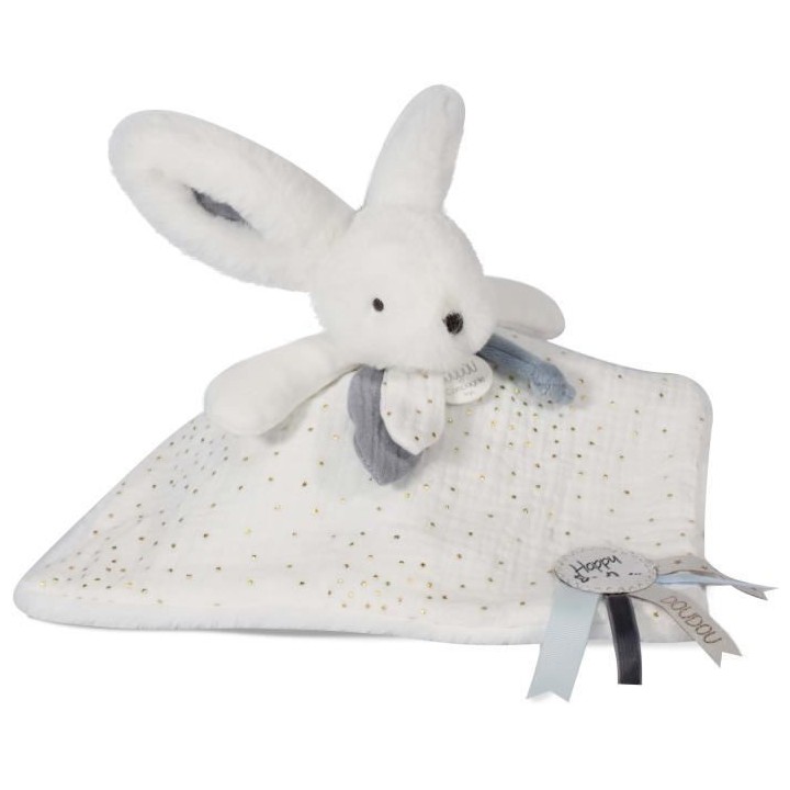 Doudou et Compagnie - Doudou Lapin - 25 cm - Blanc/Bleu - Lapin Pompon