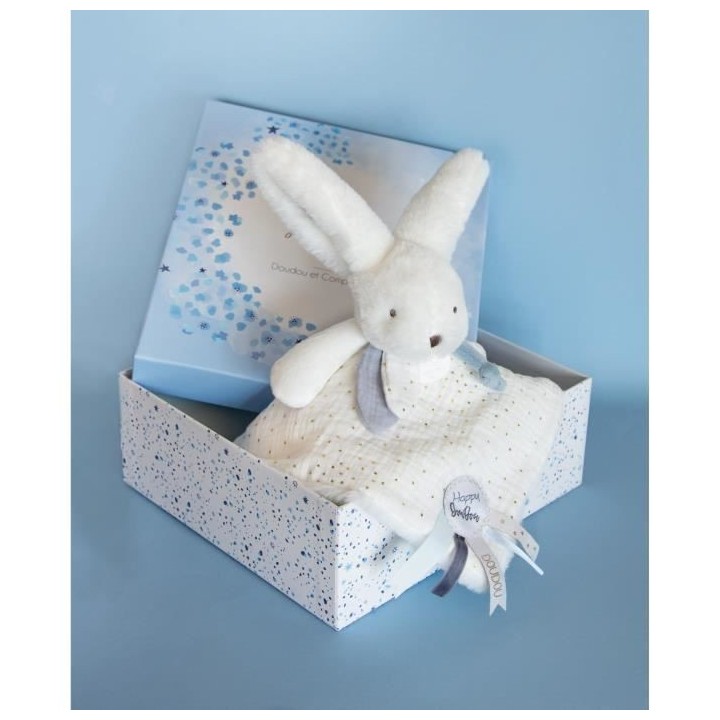 Doudou et Compagnie - Doudou Lapin - 25 cm - Blanc/Bleu - Lapin Pompon