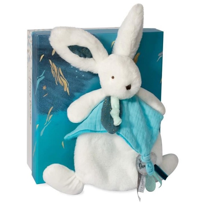 Doudou et Compagnie - Doudou Lapin -25 cm - Blanc/Bleu Paon - Lapin Po