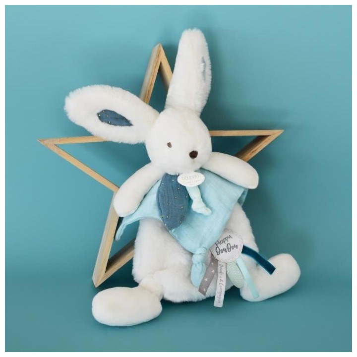 Doudou et Compagnie - Doudou Lapin -25 cm - Blanc/Bleu Paon - Lapin Po