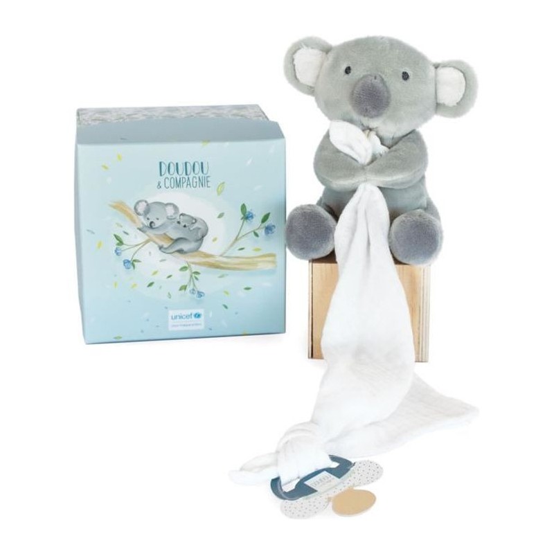 Doudou et Compagnie -UNICEF PANTIN AVEC DOUDOU attache-sucette – Koala - 12 cm - Gris - Boite cadeau- DC3747