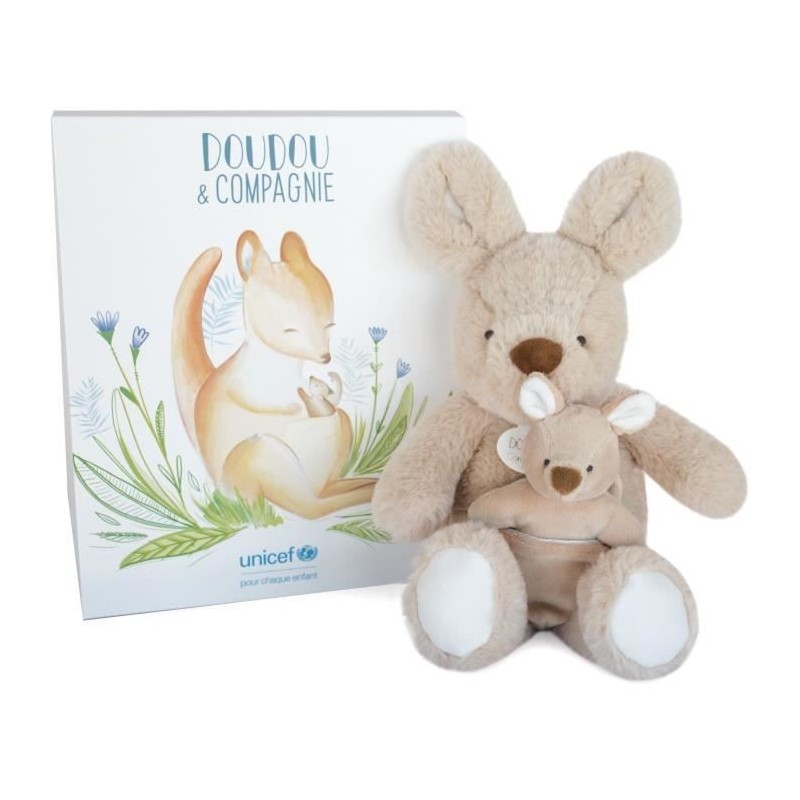 Doudou et Compagnie -UNICEF BEBE et MOI - Kangourou - 25 cm - Beige - boite cadeau- DC3793