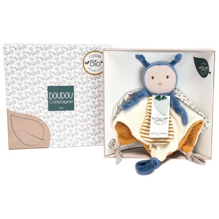 Doudou et Compagnie - Doudou Plat - Doudou Bio Abeille - 25 cm - Bleu/