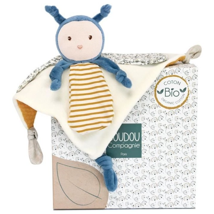 Doudou et Compagnie - Doudou Plat - Doudou Bio Abeille - 25 cm - Bleu/