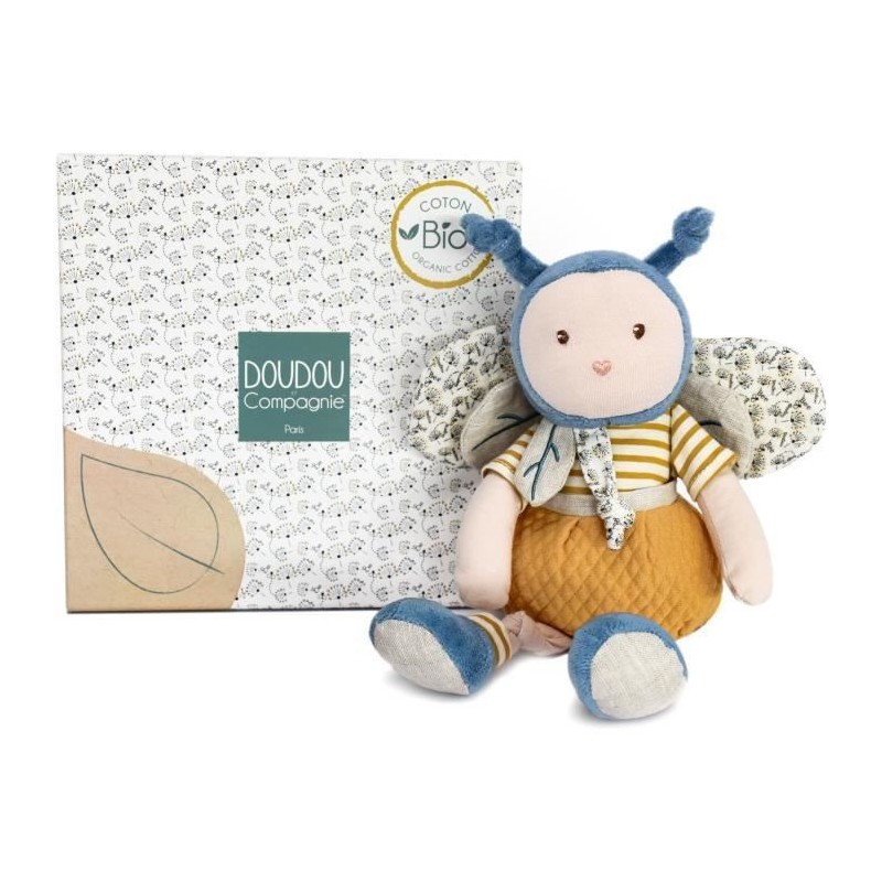 Doudou et Compagnie - Peluche Bio Abeille - 25 cm - Bleu/Jeune - Jolie Boîte - Cadeau de Naissance - Pollen L'Abeille Bio - DC3