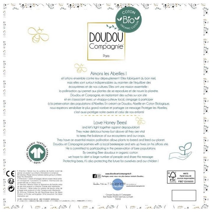 Doudou et Compagnie - Peluche Bio Abeille - 25 cm - Bleu/Jeune - Jolie