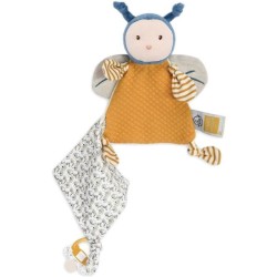 Doudou et Compagnie - Doudou Attache-Tétine Abeille - 17 cm - Bleu/Jaune - Cadeau De Naissance Bio -Pollen L'Abeille Bio - DC38