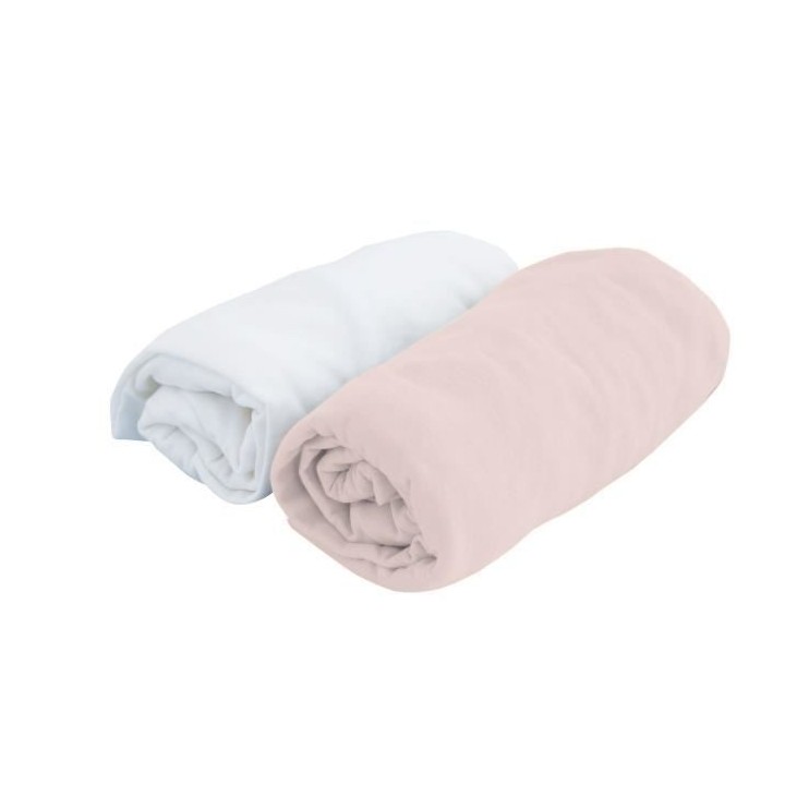 DOMIVA Lot 2 Draps housse Uni - Jersey - oeko-Tex - Blanc/Rose - 70 x