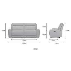 Canapé relax électrique - 3 places - DOVER - Cuir de vachette et port USB gris clair - L 196 x P 95 x H x 94 cm