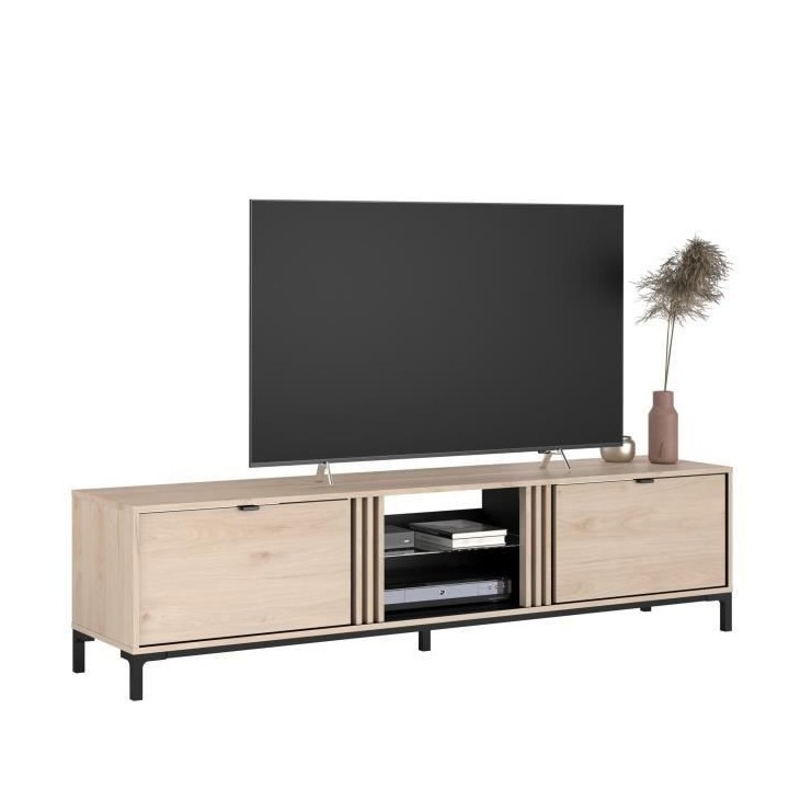 PARISOT Meuble TV tablette en verre 2 portes - Décor Chene Jackson et