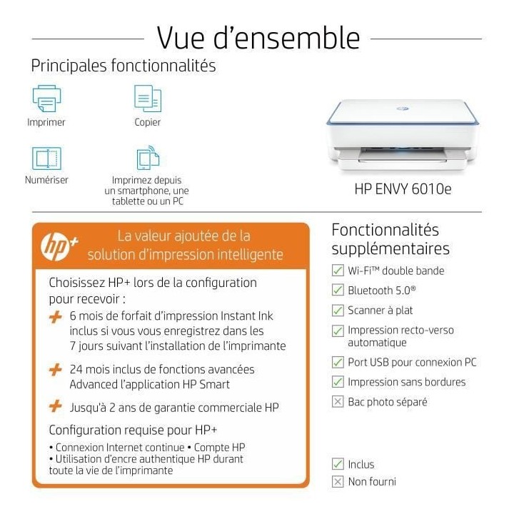 HP Envy 6010e Imprimante tout-en-un Jet d'encre couleur Copie Scan - I