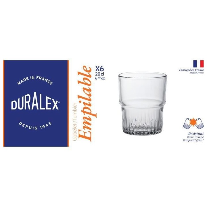 DURALEX - Empilable Transparent - Gobelet 20 cl - verre trempé