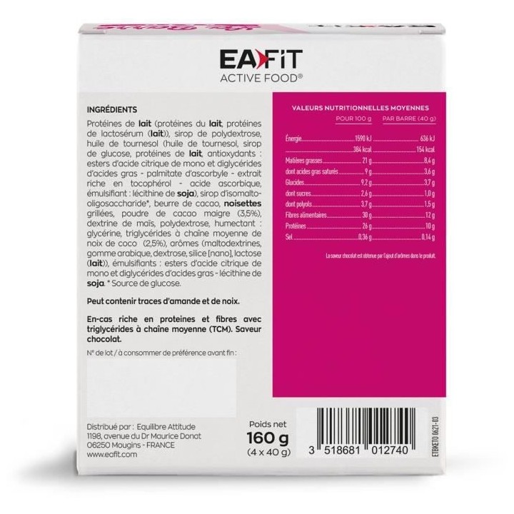 EAFIT - La barre KETO Chocolat - Boîte de 4 barres