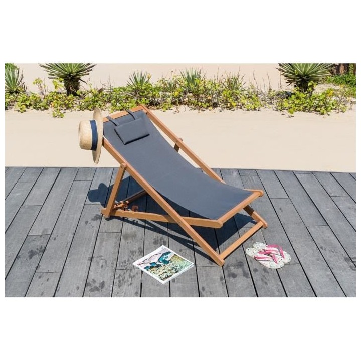 Bain de soleil en eucalyptus avec assise en polyester - MERI - Gris