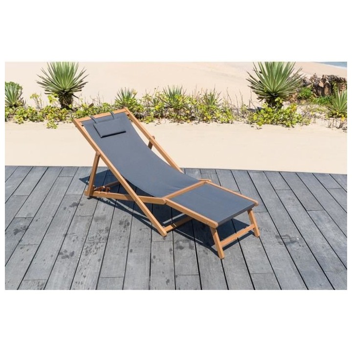 Bain de soleil en eucalyptus avec repose-pieds et assise en polyester