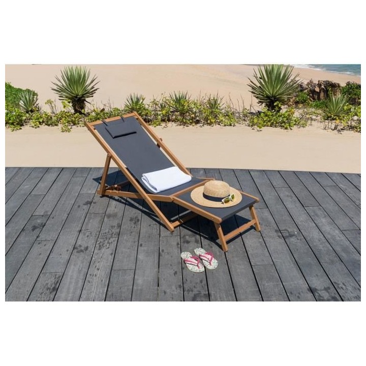 Bain de soleil en eucalyptus avec repose-pieds et assise en polyester