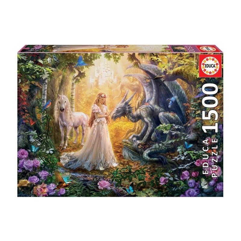 EDUCA Puzzle 1500 Dragon, Princesse Et Licorne