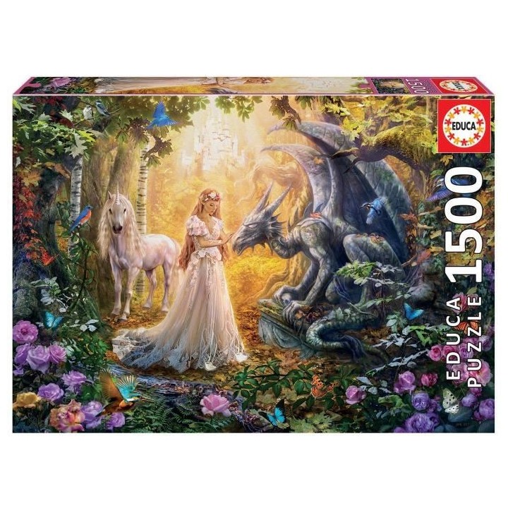 EDUCA Puzzle 1500 Dragon, Princesse Et Licorne