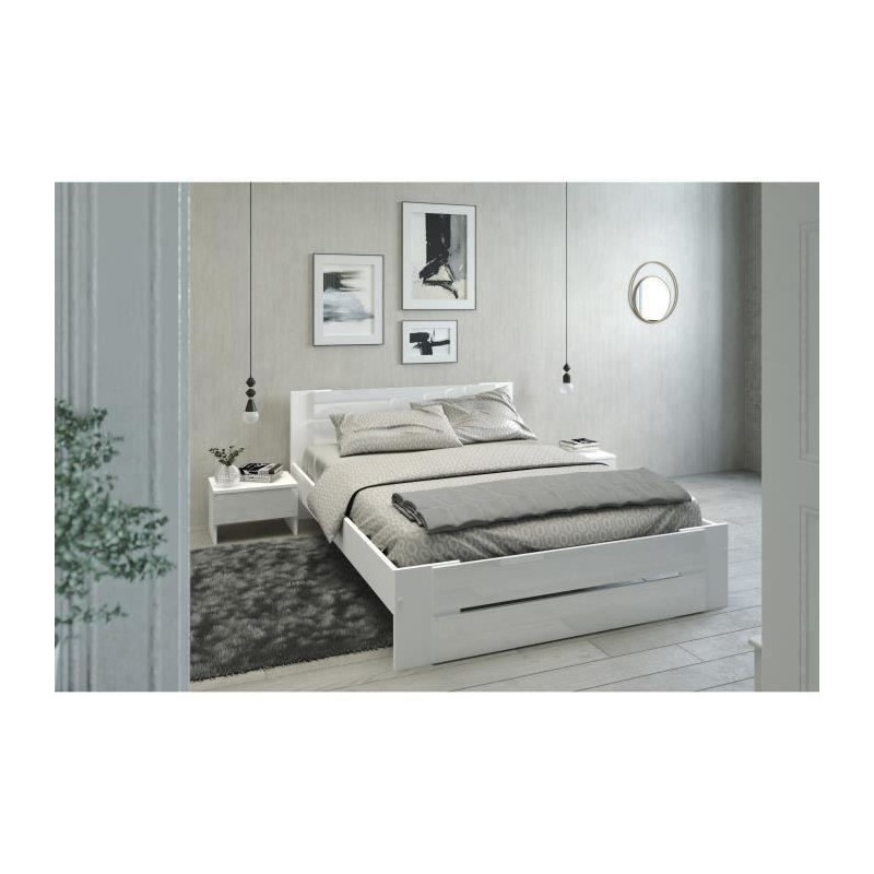 PARISOT Ensemble chambre lit 140x190 cm + 2 chevets blanc brillant - L 146 x P 75 x H 195 cm - EDEN