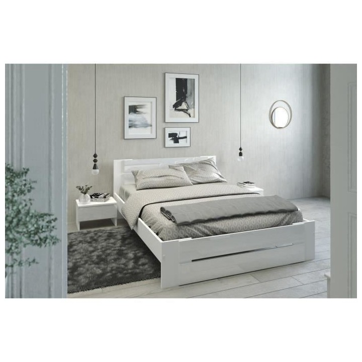 PARISOT Ensemble chambre lit 140x190 cm + 2 chevets blanc brillant - L