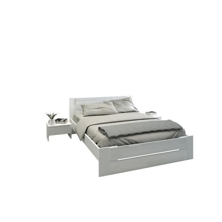 PARISOT Ensemble chambre lit 140x190 cm + 2 chevets blanc brillant - L