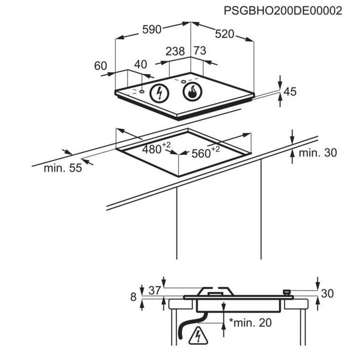 ELECTROLUX EGT6633NOK - Plaque de cuisson gaz - 3 foyers - 7900W - L56