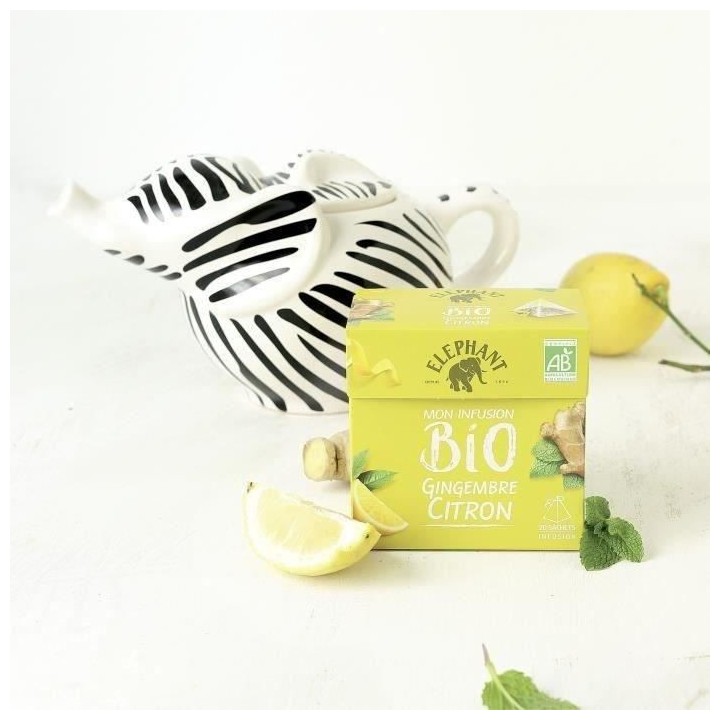 ELEPHANT Infusion Bio Gingembre Citron Avec Théiere Eléphant en porc