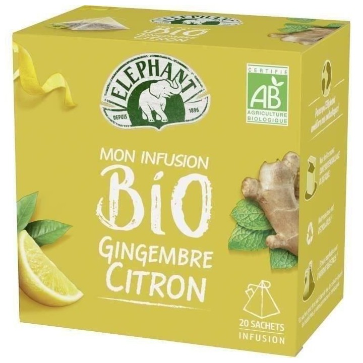 ELEPHANT Infusion Bio Gingembre Citron Avec Théiere Eléphant en porc