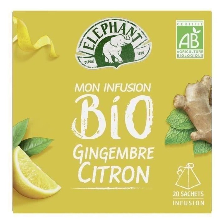 ELEPHANT Infusion Bio Gingembre Citron Avec Théiere Eléphant en porc