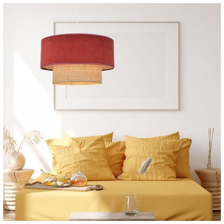 Suspension Boheme - Raphia et velours - Style ethnique - Bordeaux - H