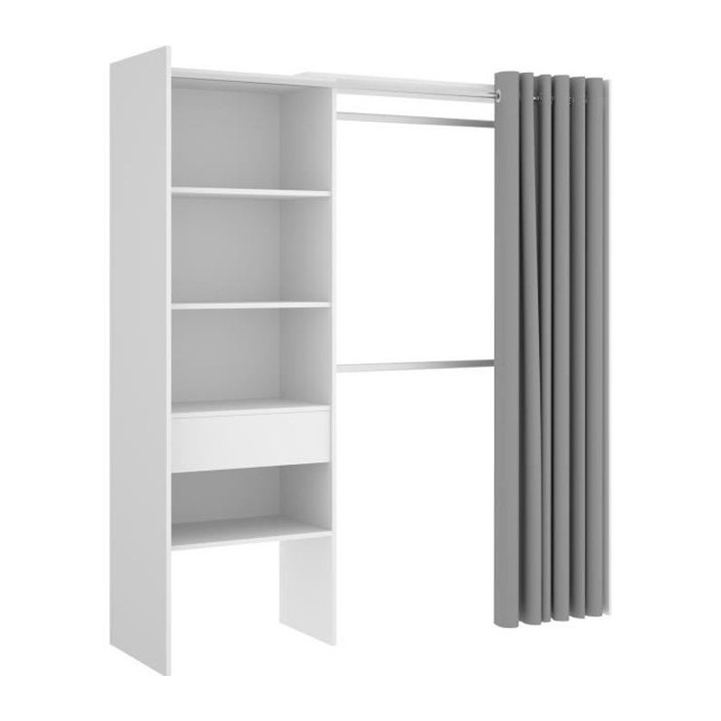 Dressing extensible avec rideau + 1 tiroir - Décor Blanc - L 160-113 x P 50 x H 205 cm - SUIT