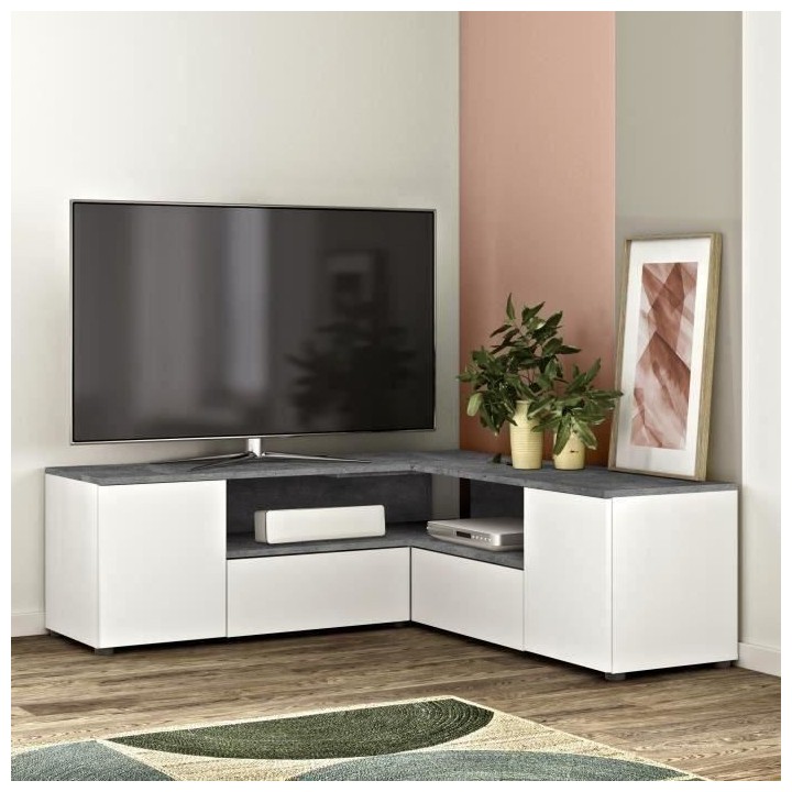 Meuble TV d'angle - Effet béton et blanc - 4 portes + 1 niche - L 130
