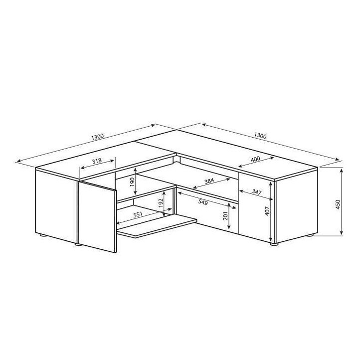 Meuble TV d'angle - Effet béton et blanc - 4 portes + 1 niche - L 130
