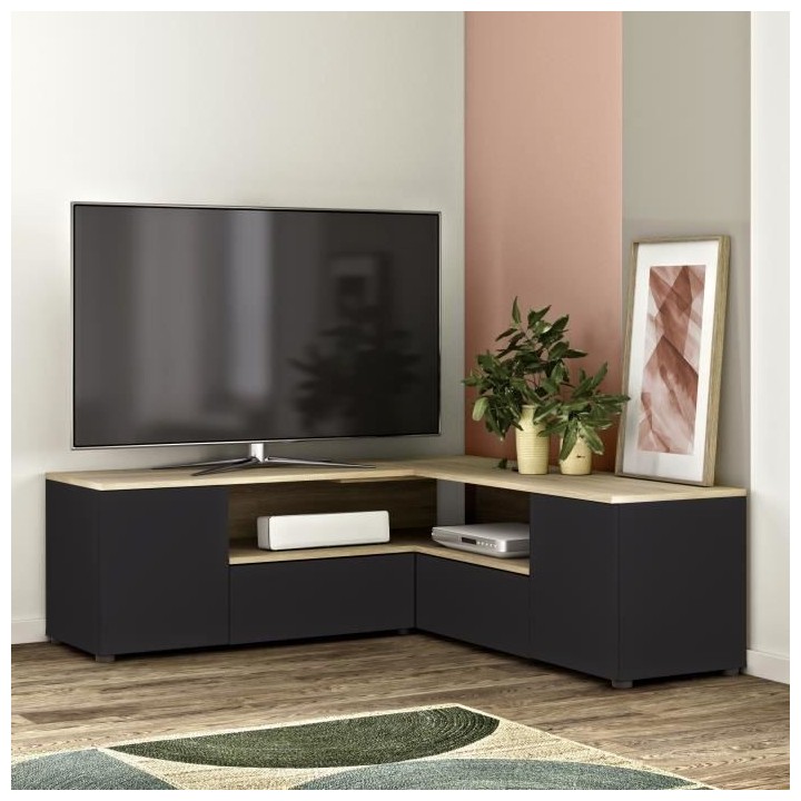 Meuble TV d'angle - Décor chene et noir mat - 4 portes + 1 niche - L