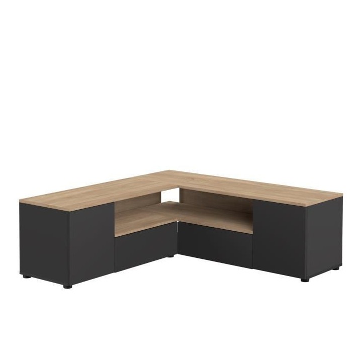 Meuble TV d'angle - Décor chene et noir mat - 4 portes + 1 niche - L