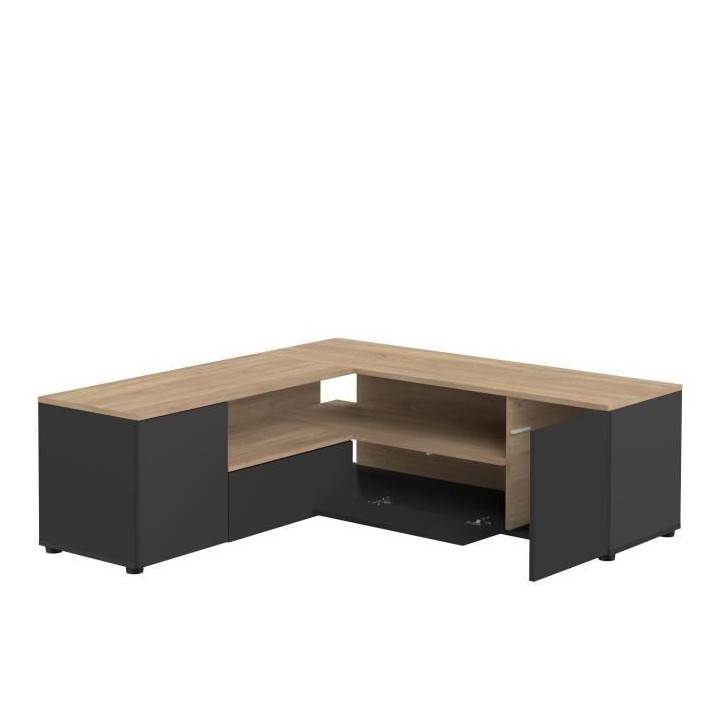 Meuble TV d'angle - Décor chene et noir mat - 4 portes + 1 niche - L