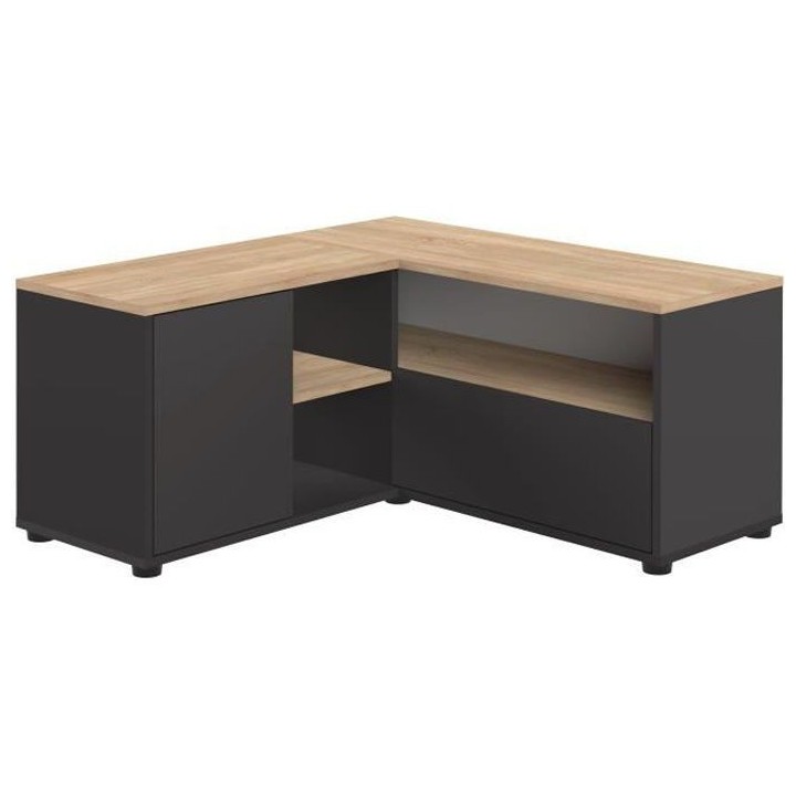 Meuble TV d'angle - Décor chene et noir - 2 portes + 3 niches - L 90
