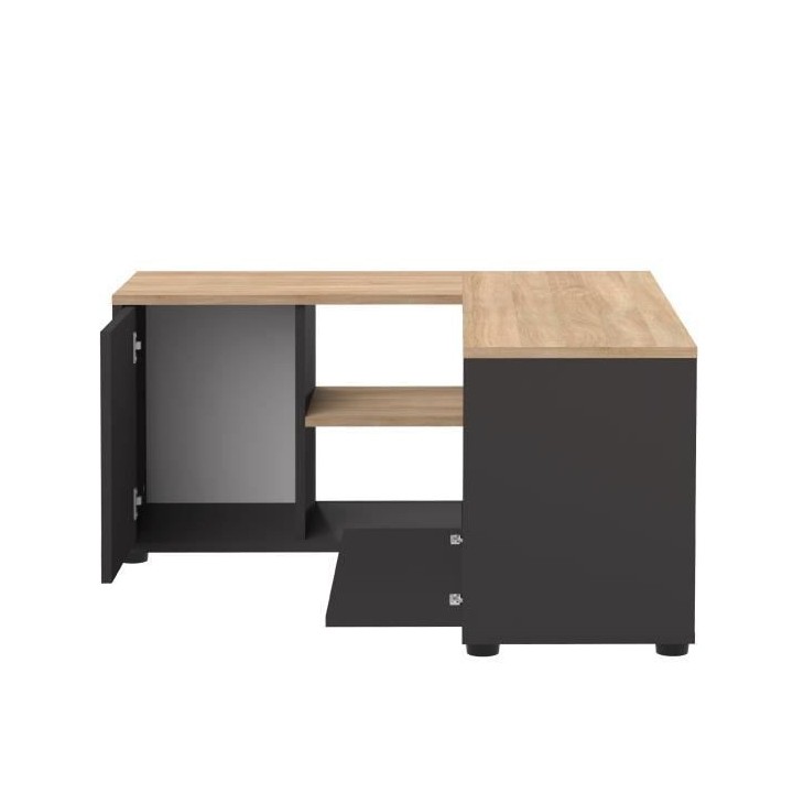 Meuble TV d'angle - Décor chene et noir - 2 portes + 3 niches - L 90